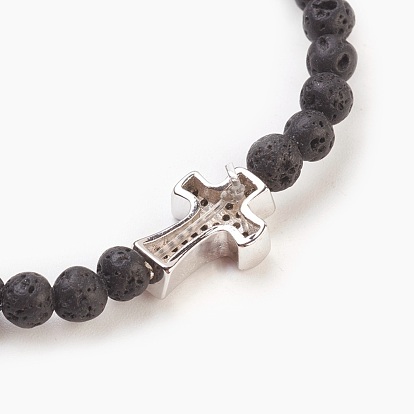 Gemstone Beads Stretch Bracelets, with Brass Micro Pave Cubic Zirconia Cross Beads