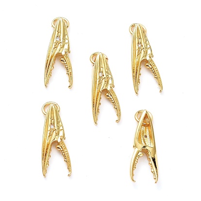 Brass Micro Pave Clear Cubic Zirconia Pendants, with Jump Ring, Long-Lasting Plated, Crab Claw Shaped
