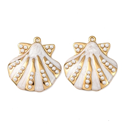 304 Stainless Steel Pendants, Shell Shape Charms, with Enamel & ABS Imitation Pearl, Real 18K Gold Plated, Ion Plating(IP)