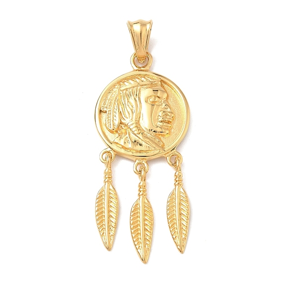 304 подвески из нержавеющей стали, плоский круглый с индийским колоритом и формой пера, ручная полировка, ионное покрытие (ip)