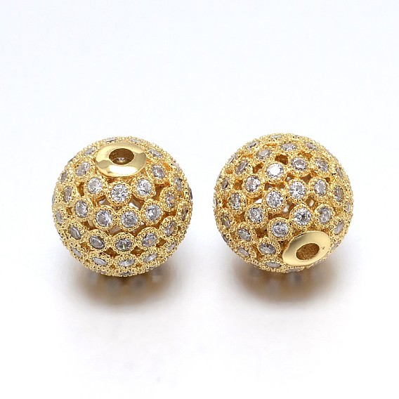 Brass Micro Pave Cubic Zirconia Round Beads, Lead Free & Cadmium Free & Nickel Free, Clear, 12mm, Hole: 2mm