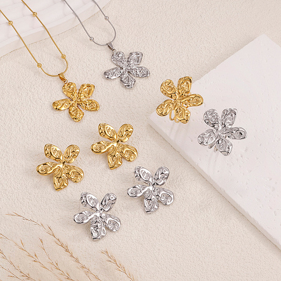 304 Наборы из подвесок, сережек-гвоздиков и колец из нержавеющей стали для женщин, цветок