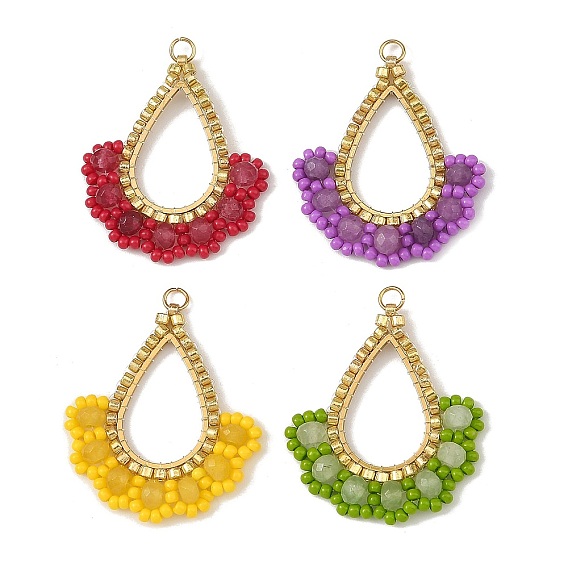 Dyed Natural Malaysia Jade & Glass Seed Beaded Pendants, Teardrop Charms, with 201 Stainless Steel Linking Rings & 304 Stainless Steel Open Jump Rings