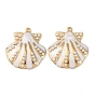304 Stainless Steel Pendants, Shell Shape Charms, with Enamel & ABS Imitation Pearl, Real 18K Gold Plated, Ion Plating(IP)