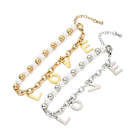 201 Stainless Steel Word Love Charm Bracelet, Plastic Pearl Beaded Bracelet with 304 Stainless Steel Cable Chains for Women