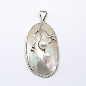 Oval Natural Mother of Pearl Shell Pendants, with Pearl and Platinum Plated Brass Findings, 43~49x22~28x15~22mm, Hole: 4x6mm