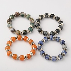 Natural Gemstone Round Bead Stretch Bracelets, with Antique Silver Plated Alloy Bead Caps, 42mm