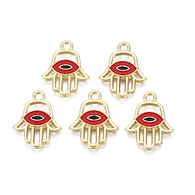 Pendentifs en alliage plaqué or clair, avec l'émail, religion, main hamsa/main de miriam avec le mauvais œil