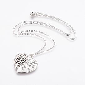 Alloy Pendant Necklaces, Mother's Day Jewelry, with Brass Chains and Clasps, Heart with Words