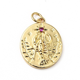 Rack Plating Brass Micro Pave Fuchsia Cubic Zirconia Pendants, Cadmium Free & Nickel Free & Lead Free, Oval with Lobster