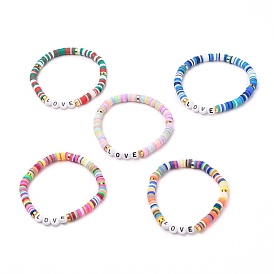 Polymer Clay Heishi Beads Stretch Bracelets, for Valentine's Day, with Acrylic Letter Beads and Brass Spacer Beads, Word Love