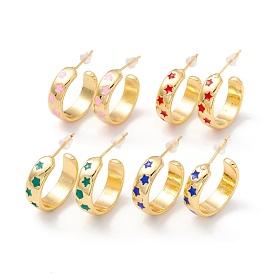 Real 18K Gold Plated Brass Stud Earrings for Women, Star Pattern Enamel Open Hoop Earrings, Rack Plating Half Hoop Earrings, Cadmium Free & Lead Free