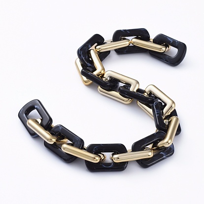 Handmade CCB Plastic Boston Link Chains, with  Imitation Gemstone Style Acrylic Links, for Jewelry Making, Golden Plated