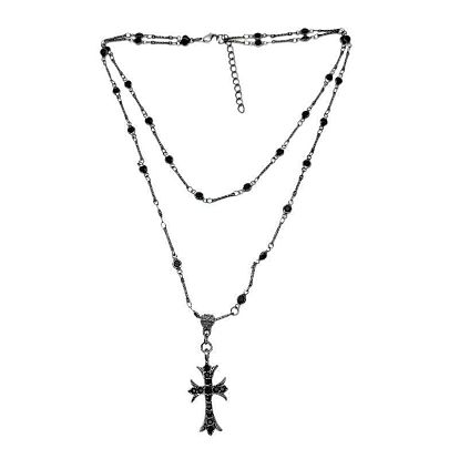 Cross Pendant Necklace with Dark Black Zircon Beads - Unique Design, Cool and Sweet