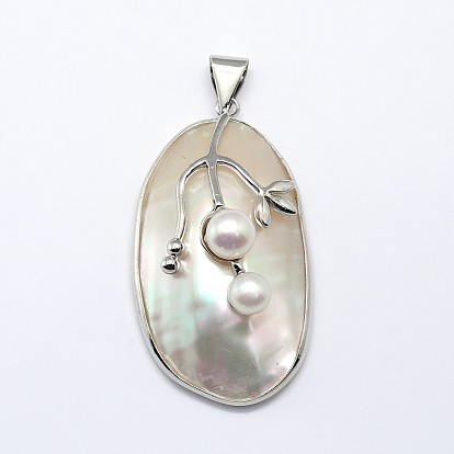 Oval Natural Mother of Pearl Shell Pendants, with Pearl and Platinum Plated Brass Findings, 43~49x22~28x15~22mm, Hole: 4x6mm