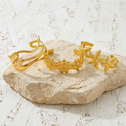 304 Stainless Steel Open Cuff Bangles for Women, Real 18K Gold Plated