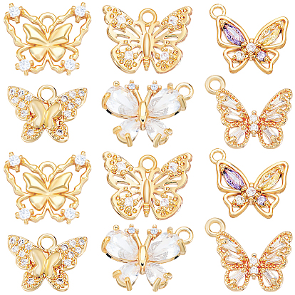 12Stk 6 Stile Messing Micro Pave Zirkonia Anhänger, Schmetterling, langlebig überzogen, Nickel frei