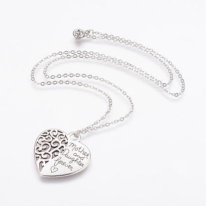 Alloy Pendant Necklaces, Mother's Day Jewelry, with Brass Chains and Clasps, Heart with Words