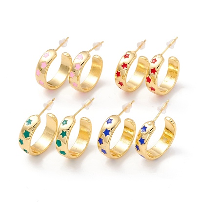 Real 18K Gold Plated Brass Stud Earrings for Women, Star Pattern Enamel Open Hoop Earrings, Rack Plating Half Hoop Earrings, Cadmium Free & Lead Free