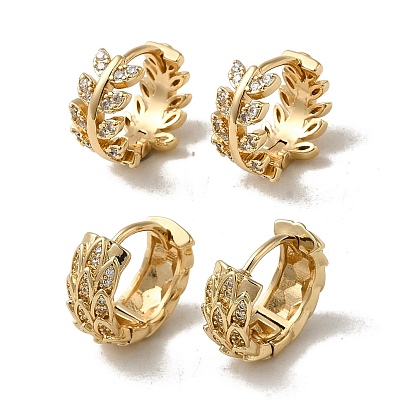 Brass Micro Pave Cubic Zirconia Hoop Earring, Leaf