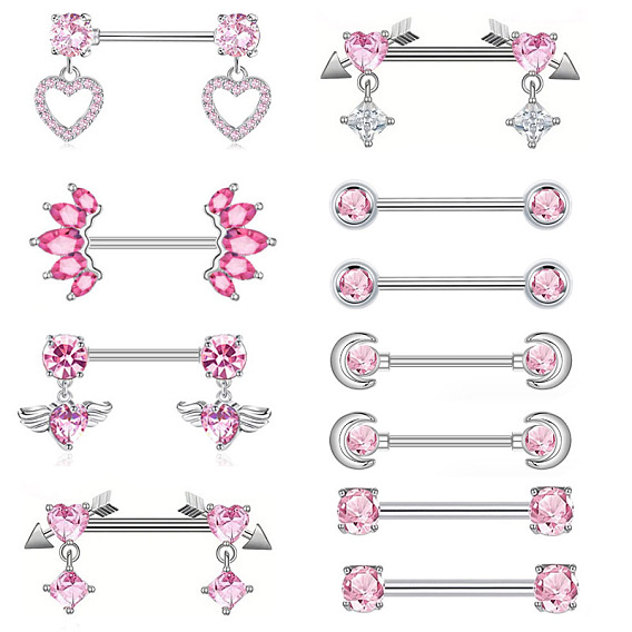 316l хирургические кольца для сосков из нержавеющей стали, с розовым цирконием, цвет нержавеющей стали