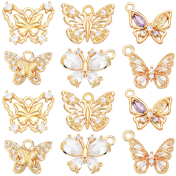 12Pcs 6 Styles Brass Micro Pave Cubic Zirconia Pendants, Butterfly, Long-Lasting Plated, Nickel Free