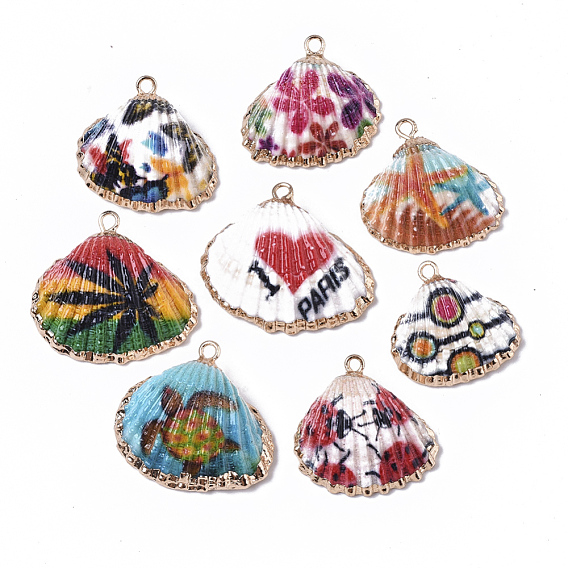 Electroplate Printed Natural Scallop Shell Pendants, Sea Shell Pendants, with Brass Loops