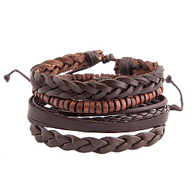 Vintage Multilayer Leather Bracelet with Wooden Beads for Women