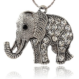 Tibetan Style Alloy Rhinestone Pendants, Elephant, Antique Silver, 43x51x5.5mm, Hole: 3.5mm