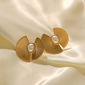 Gold-Plated Stainless Steel Geometric Earrings with Irregular Oval Shape for Women, Punk Style Fan-Shaped Pearl Ear Studs