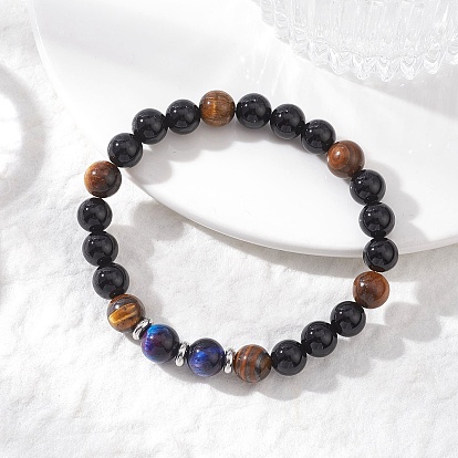 Женские эластичные браслеты из бусин натурального черного оникса, тигрового глаза и радужного тигрового глаза, круглые