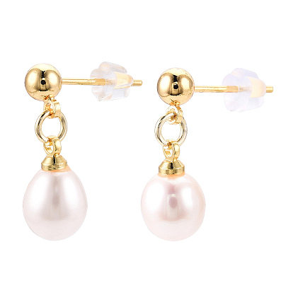 Natural Pearl Teardrop Dangle Stud Earrings, Brass Drop Earring with 925 Sterling Silver Pins