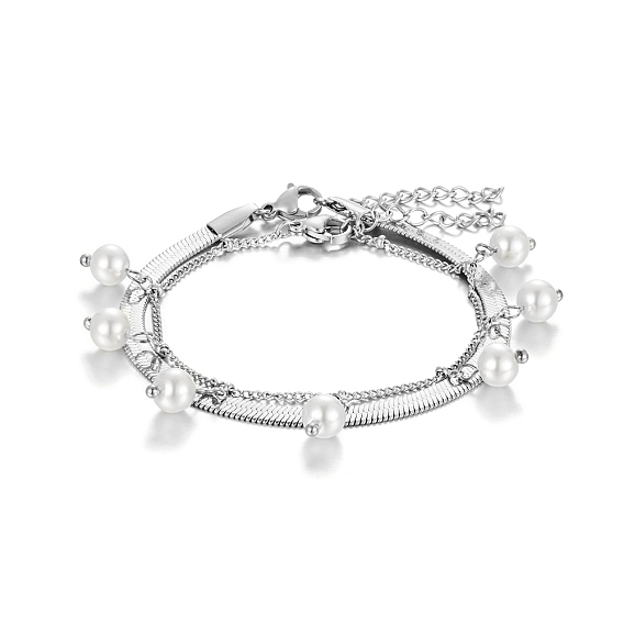 Модные двухслойные браслеты из нержавеющей стали с цепочками в елочку и панцирным плетением, Пластиковые браслеты с имитацией жемчуга для женщин