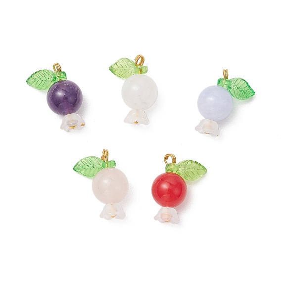 5 шт. 5 стили натуральный аметист и кварцевый кристалл и розовый кварц и белый нефрит и окрашенный малайзийский нефрит круглые подвески, фруктовые подвески с акриловыми листьями и латунными петлями
