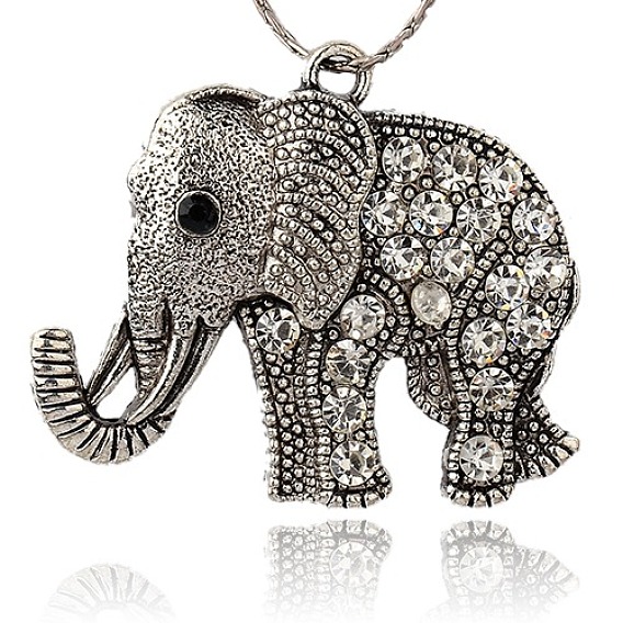 Tibetan Style Alloy Rhinestone Pendants, Elephant, Antique Silver, 43x51x5.5mm, Hole: 3.5mm