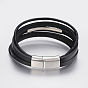 Men's Braided Leather Cord Multi-strand Bracelets, with 304 Stainless Steel Findings, Rectangle