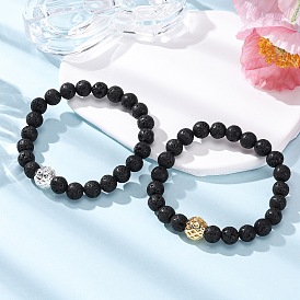 2шт. натуральные бусины из лавового камня, эластичные браслеты для мужчин и женщин, круглые, с латунной бисера