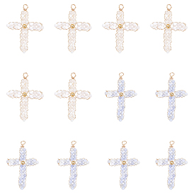 12 шт 2 цвета натуральные пресноводные ракушки круглые бусины плетеные подвески, с экологически чистой медной проволокой светло-золотистого цвета, обернутой, окрашенные, крест очарование