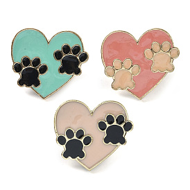Enamel Pins, Golden Alloy Brooches, for Backpack Clothes, Heart with Paw Print