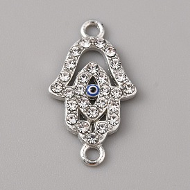 Alloy Enamel Evil Eye Connector Charms, with Crystal Rhinestones, Platinum, Hamsa Hand