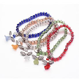 Glass Beads Stretch Bracelets, with Tibetan Style Findings, Lovely Wedding Dress Angel Dangle