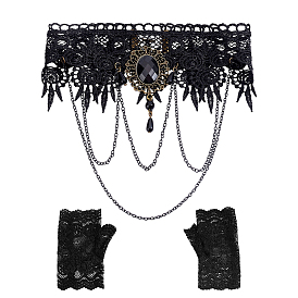 2 Pairs Polyester Lace Gloves, with 2Pcs Alloy Resin Oval Tassel Polyester Flower Lace Gothic Choker Necklaces