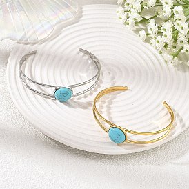 2 pièces 2 dôme turquoise synthétique teint 304 ensembles de bracelets manchettes creuses en acier inoxydable