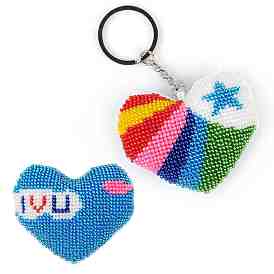DIY Double-sided Bead Embroidery Love Heart Pendant Keychain Kits, Including Printed Cotton Fabric, Embroidery Thread & Needles, Plastic Bead, Cotton and Key Ring