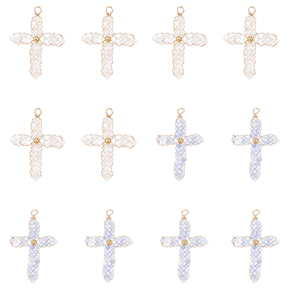 12 шт 2 цвета натуральные пресноводные ракушки круглые бусины плетеные подвески, с экологически чистой медной проволокой светло-золотистого цвета, обернутой, окрашенные, крест очарование