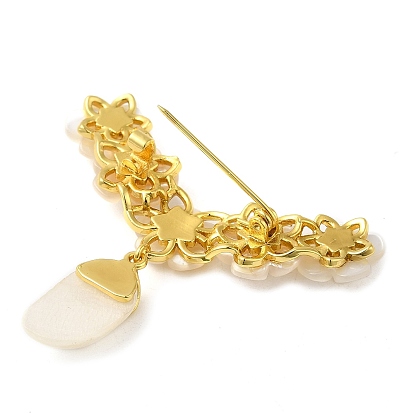 Peach Blossom Flower Natural White Shell Brooches for Women, with Brass Branch