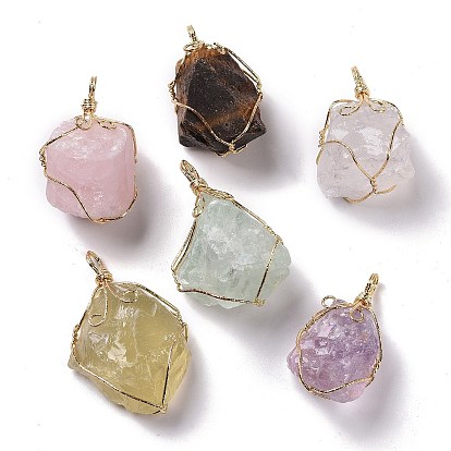 Copper Wire Wrapped Natural Raw Gemstone Pendants, Nuggets Charms