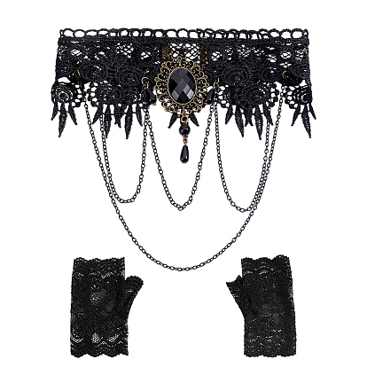 2 Pairs Polyester Lace Gloves, with 2Pcs Alloy Resin Oval Tassel Polyester Flower Lace Gothic Choker Necklaces