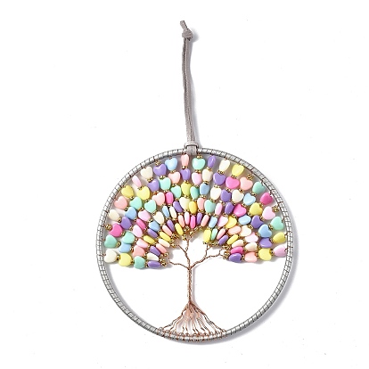 Wire Wrapped Heart Bead Acrylic Big Pendant Decorations, with Brass Wires and Imitation Leather Rope, Flat Round with Tree of Life