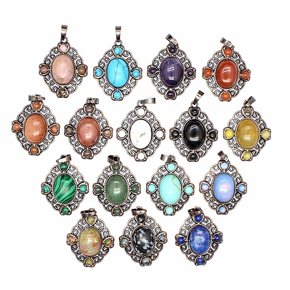 Ретро полые подвески из натуральных и синтетических драгоценных камней, подвески в виде цветка-ромба, с красной медной металлической фурнитурой